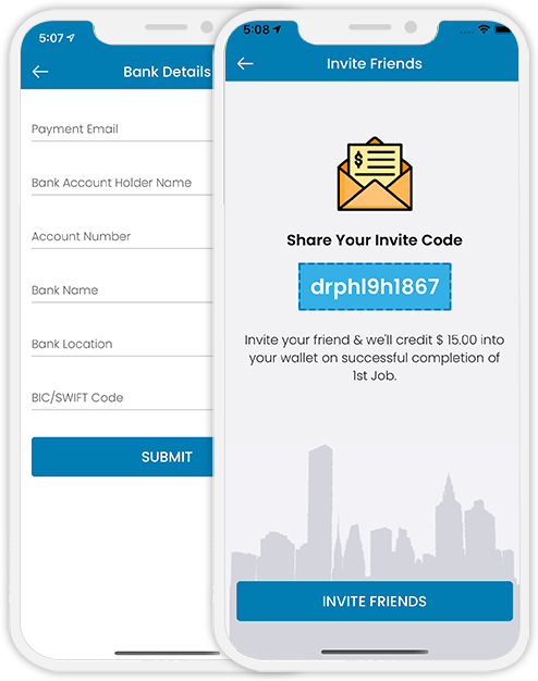 user and Doctor upload their bank details and invite friends to download app