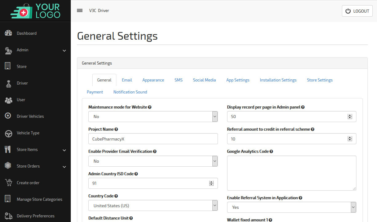 general settings dashboard