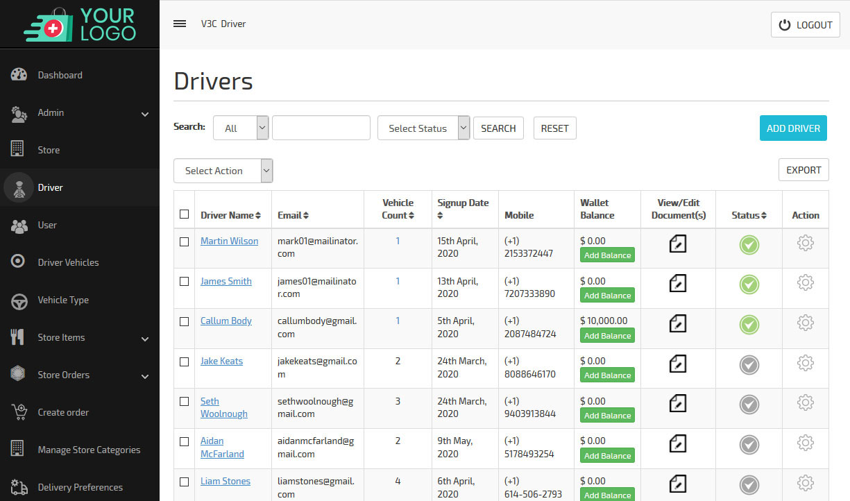 add and search drivers dashboard