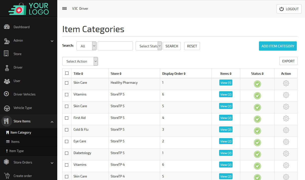 manage item categories dashboard