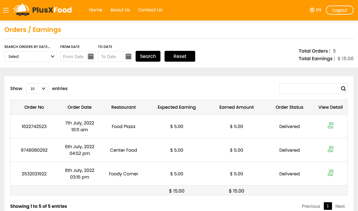 Driver Orders / Earnings