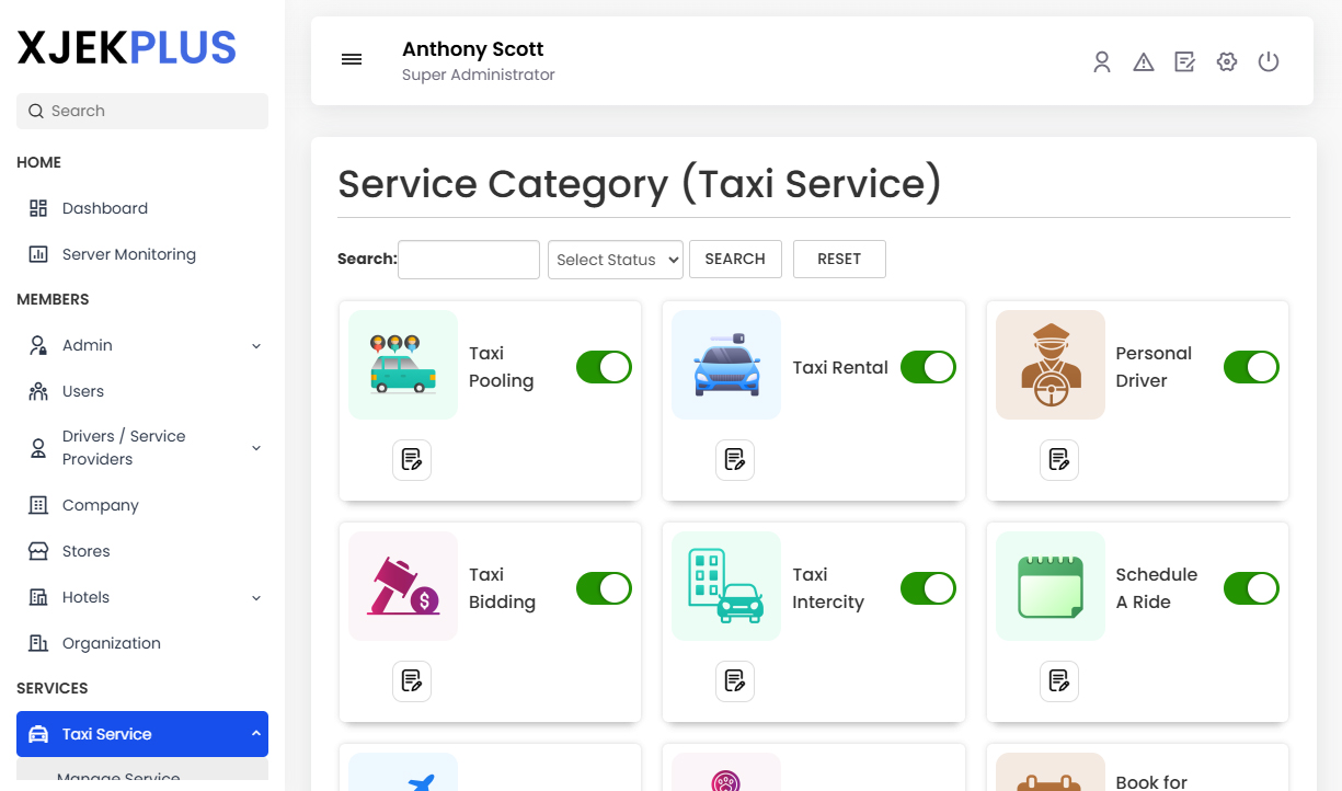 Manage Service Category (Taxi Service)