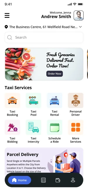 Gojek Clone user app home screen showing multi-service booking interface