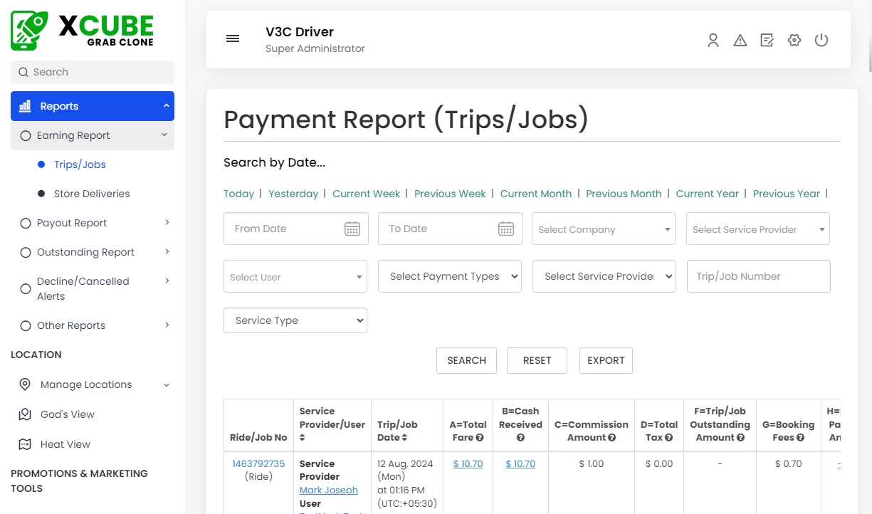 Payment Report (Trips/Jobs)