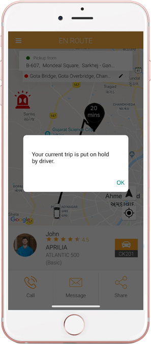 A notificação de viagem foi colocada em espera pelo motorista A notificação de viagem foi colocada em espera pelo motorista