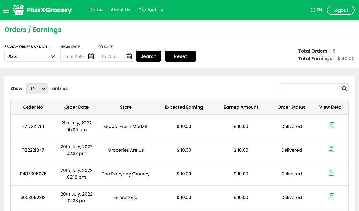 Driver Orders / Earnings