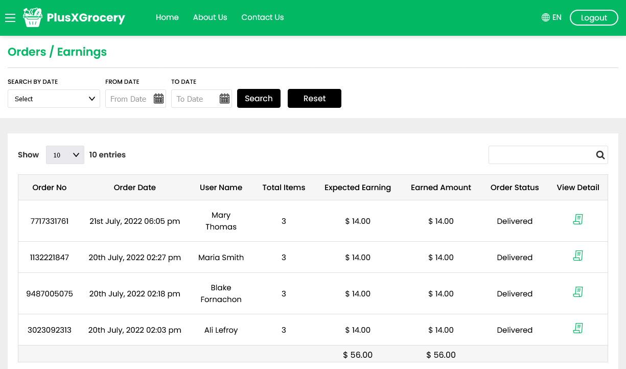 Store Orders / Earnings