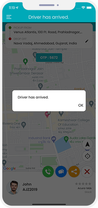 Rider is notified when driver reaches at location