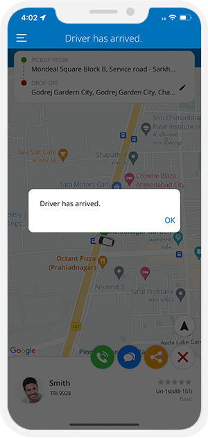 Rider is notified when driver reaches at location