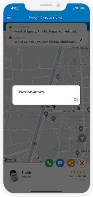 Rider is notified when driver reaches at location