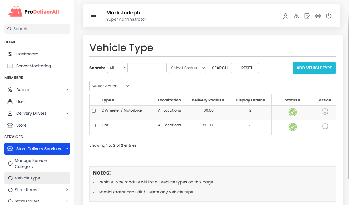 Manage VEHICLE TYPE