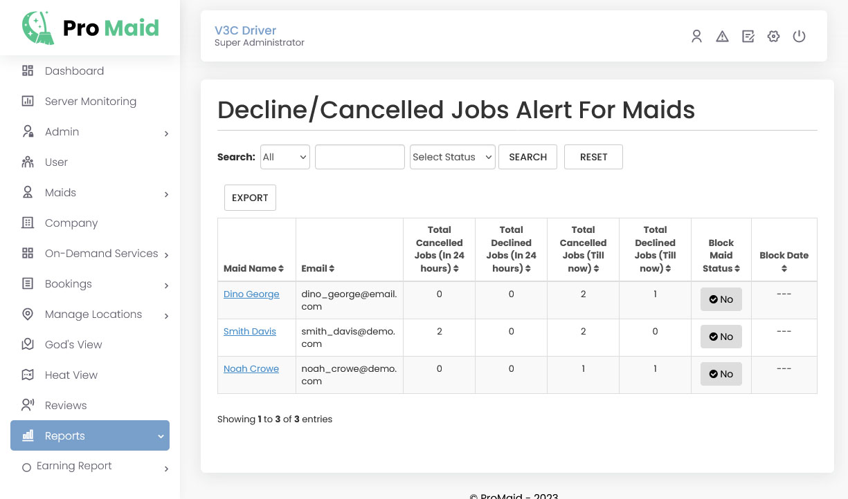 Decline/Cancelled Jobs Alert For Maids