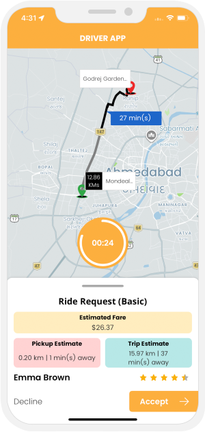Driver app menu screen