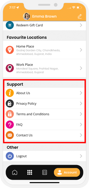 Support menu & About us