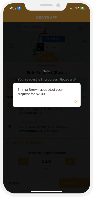 Driver will be notified that Rider has accepted the Offer