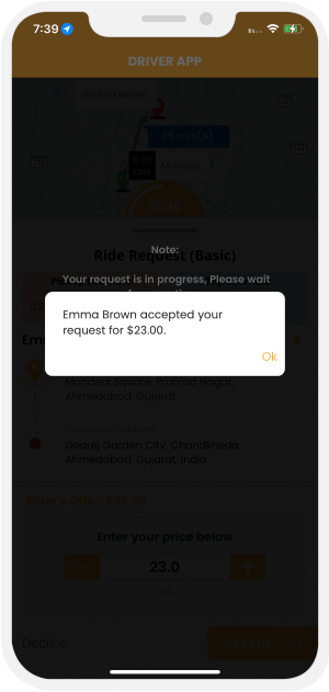 Driver will be notified that Rider has accepted the Offer.