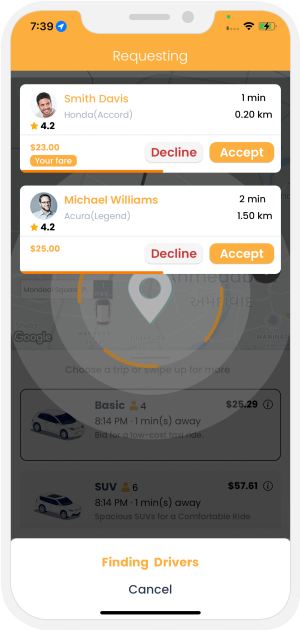 Riders receive multiple bids from the Drivers.