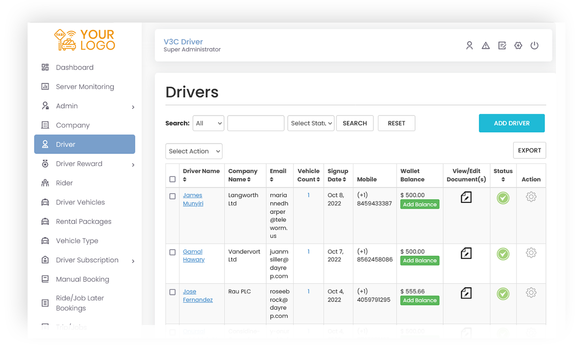Drivers Management Screen