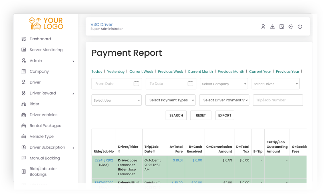 Payment Reports Screen