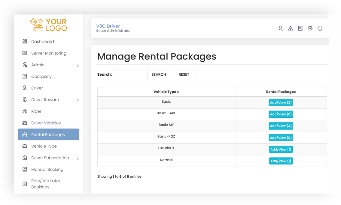 Manage Rental Packages Screen