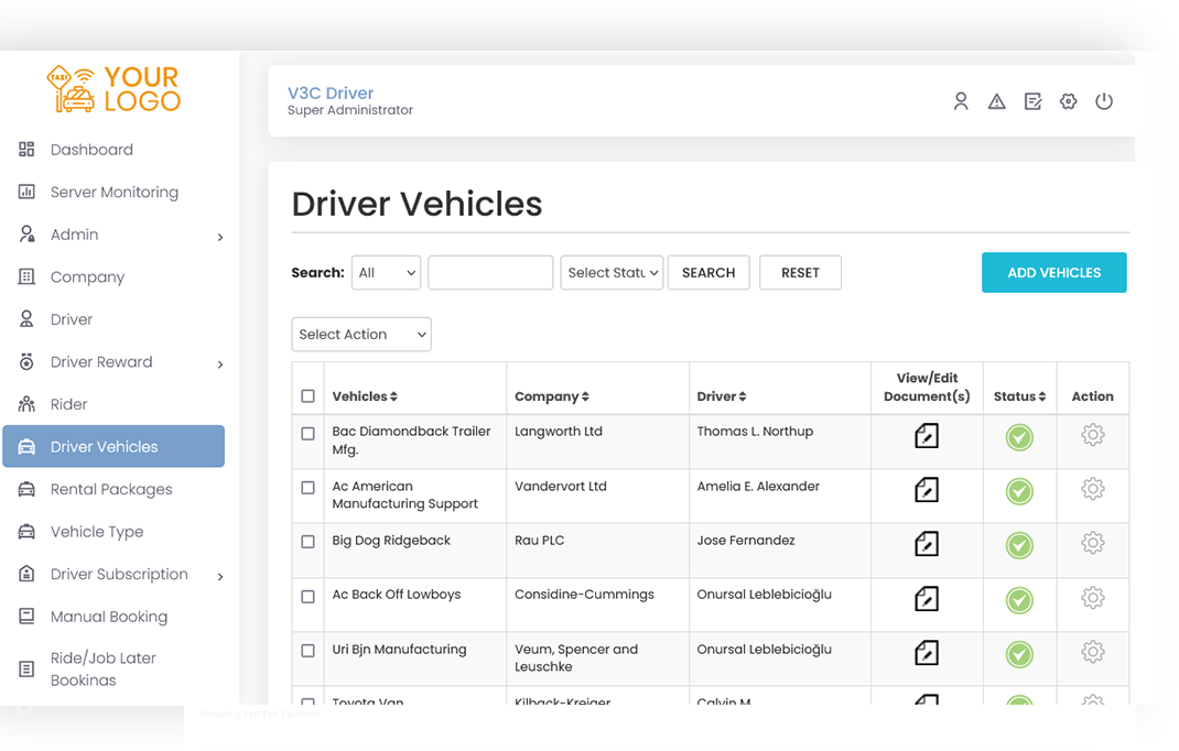 Taxis Management Screen