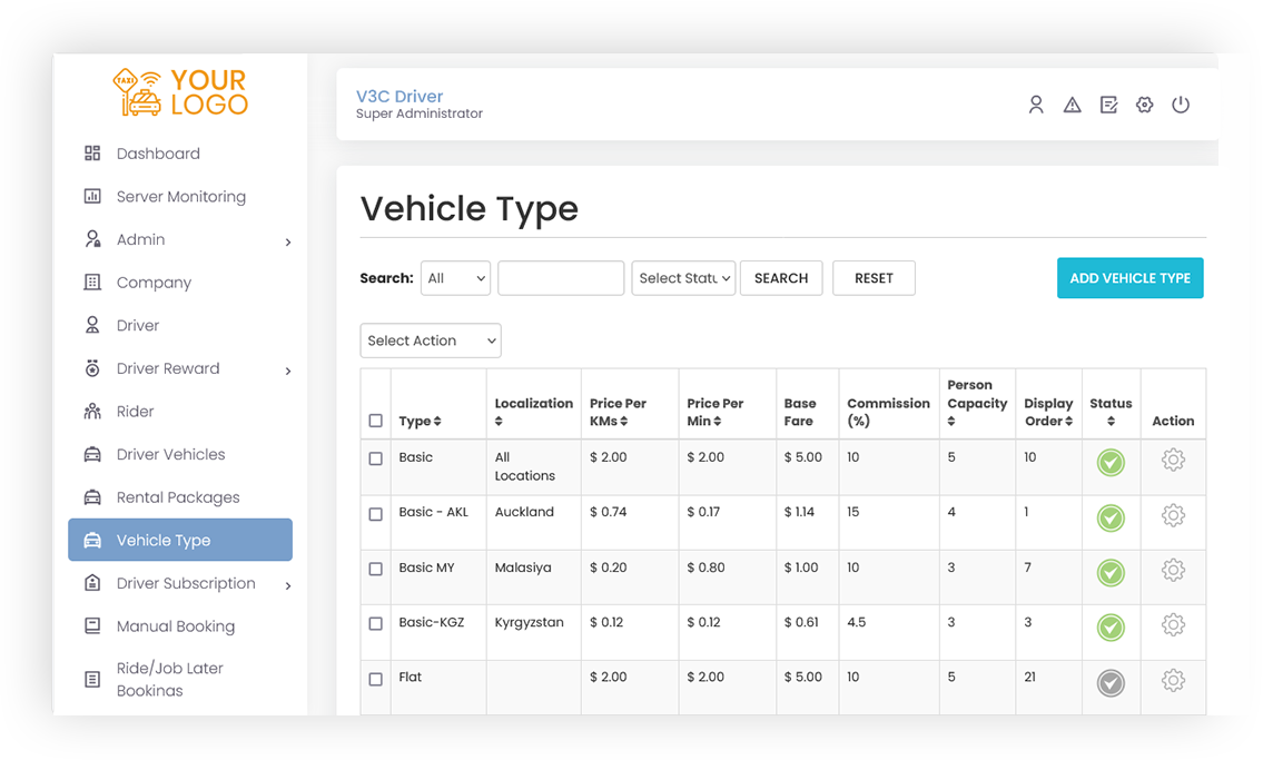Vehicle Type Management Screen