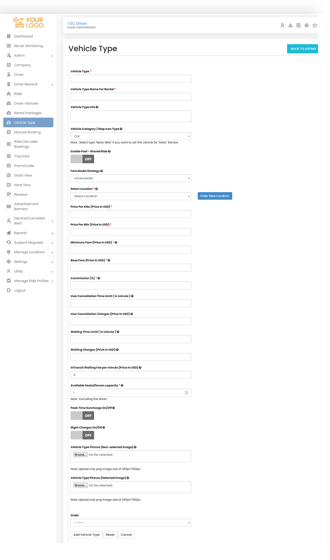 Vehicle Rates Management Screen