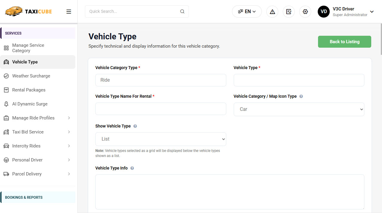 Vehicle Type/Rates Management