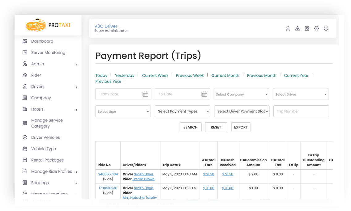 Payment Reports Screen