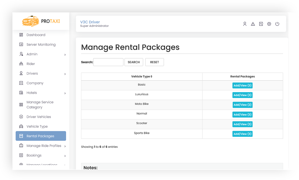 Manage Rental Packages Screen