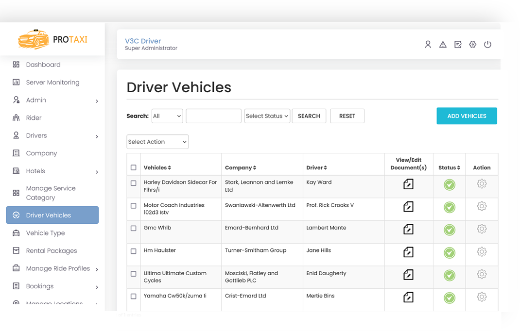 Taxis Management Screen