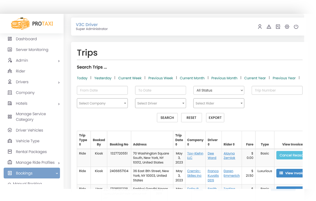 Trips Management Screen