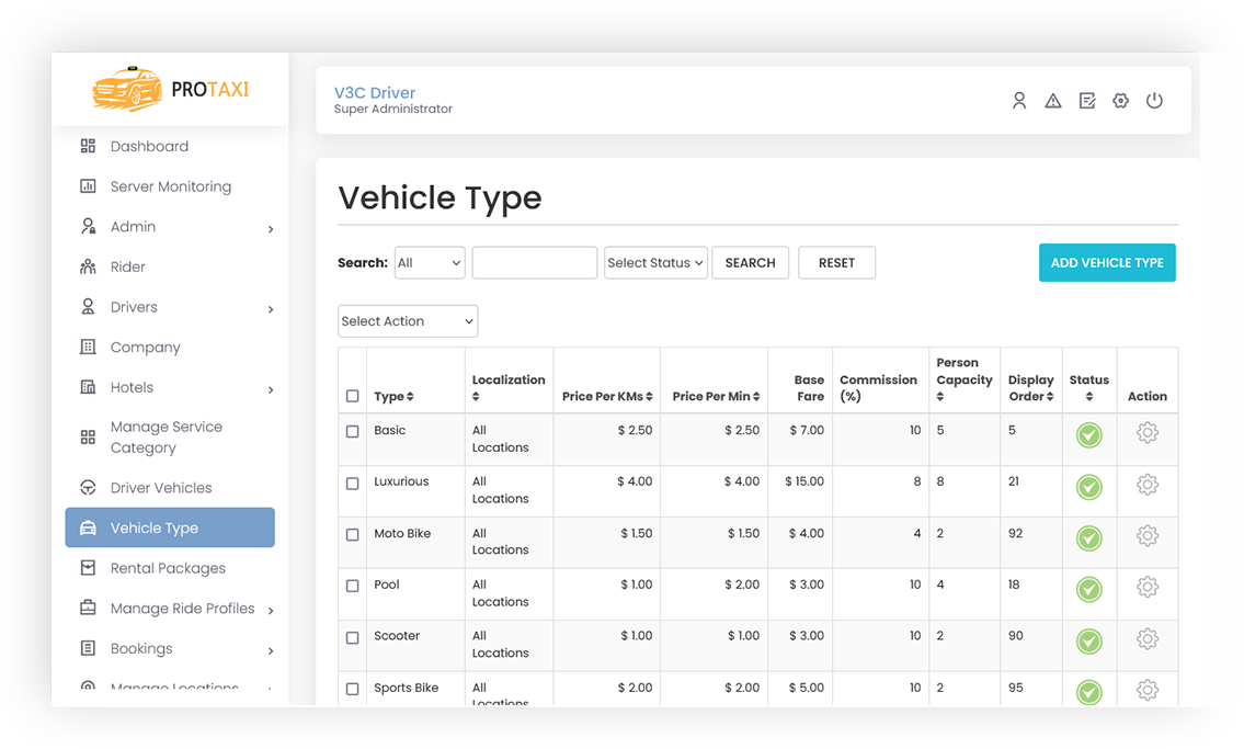 Vehicle Type Management Screen