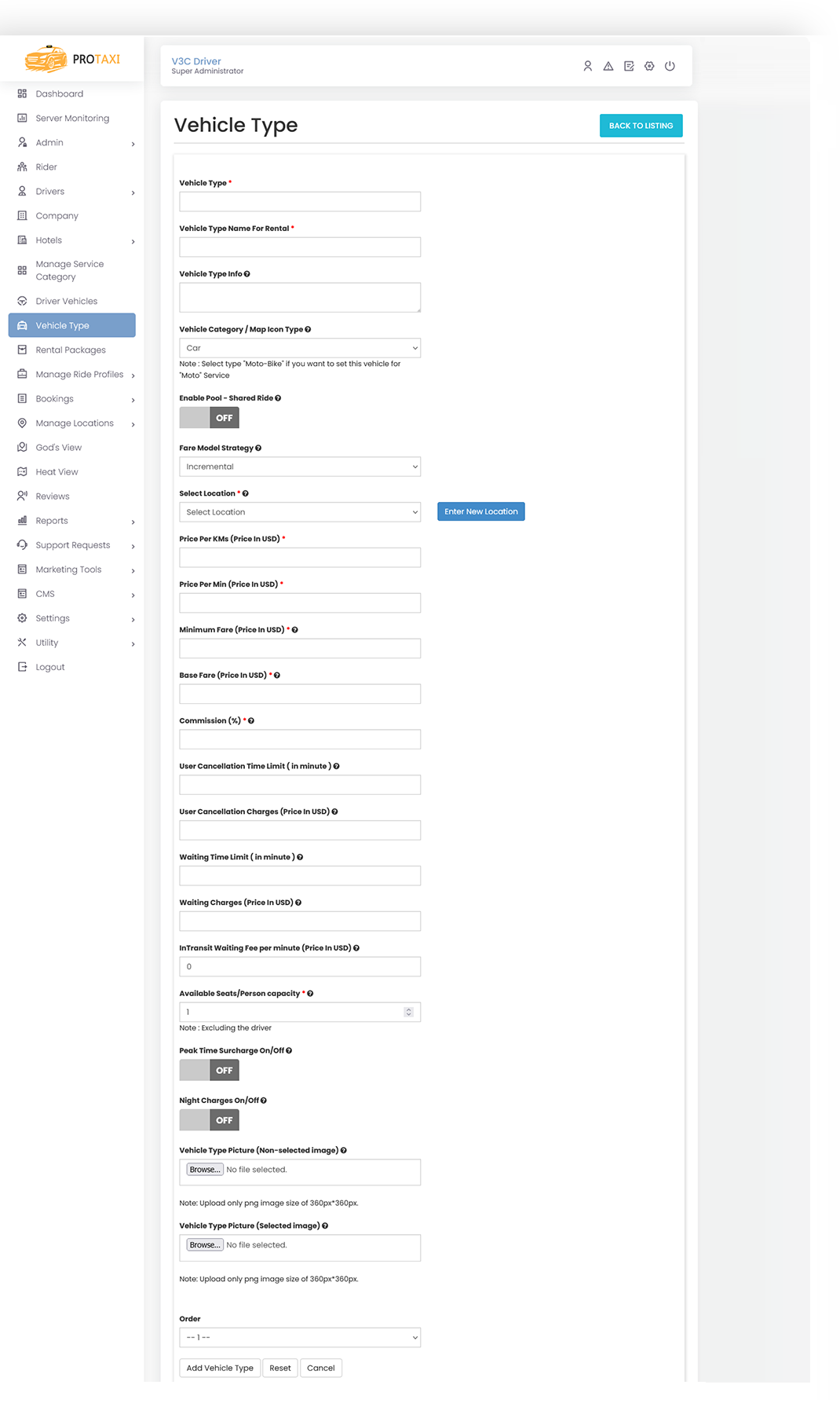 Vehicle Rates Management Screen