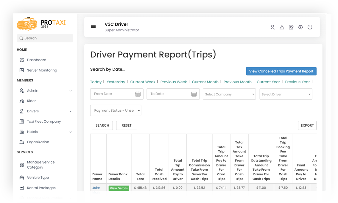 Payment Reports Screen