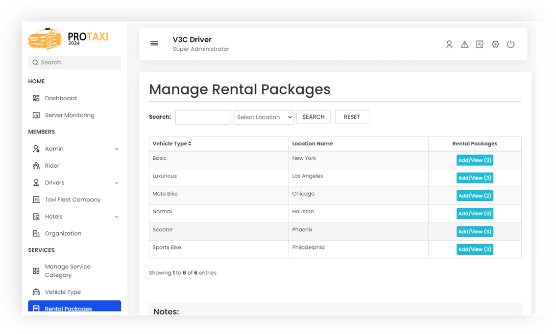 Manage Rental Packages Screen