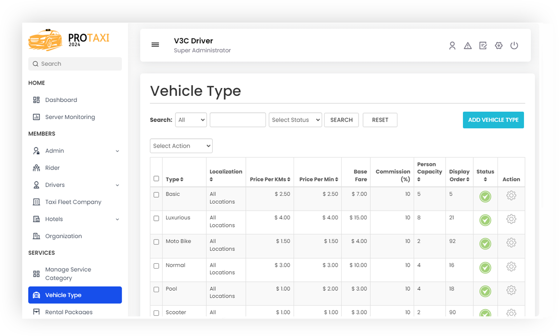 Vehicle Type Management Screen