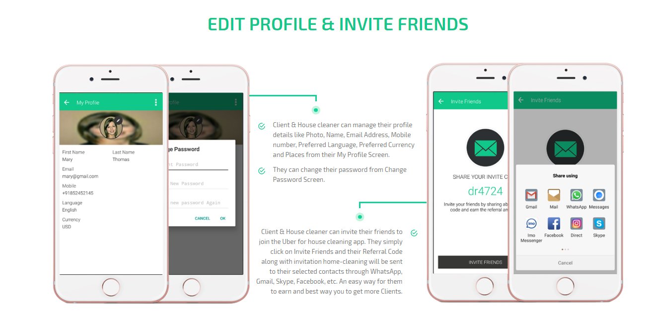 client and home cleaner edit profile and invite friends to join app
