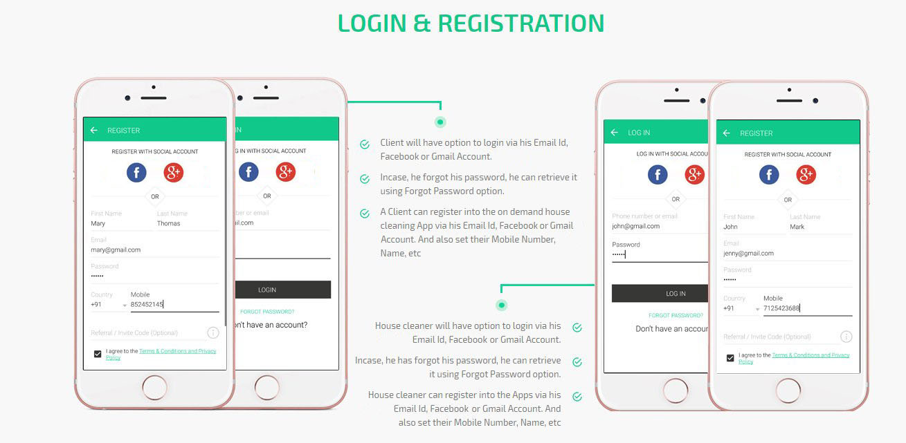 client and home cleaning app loginregistration screen