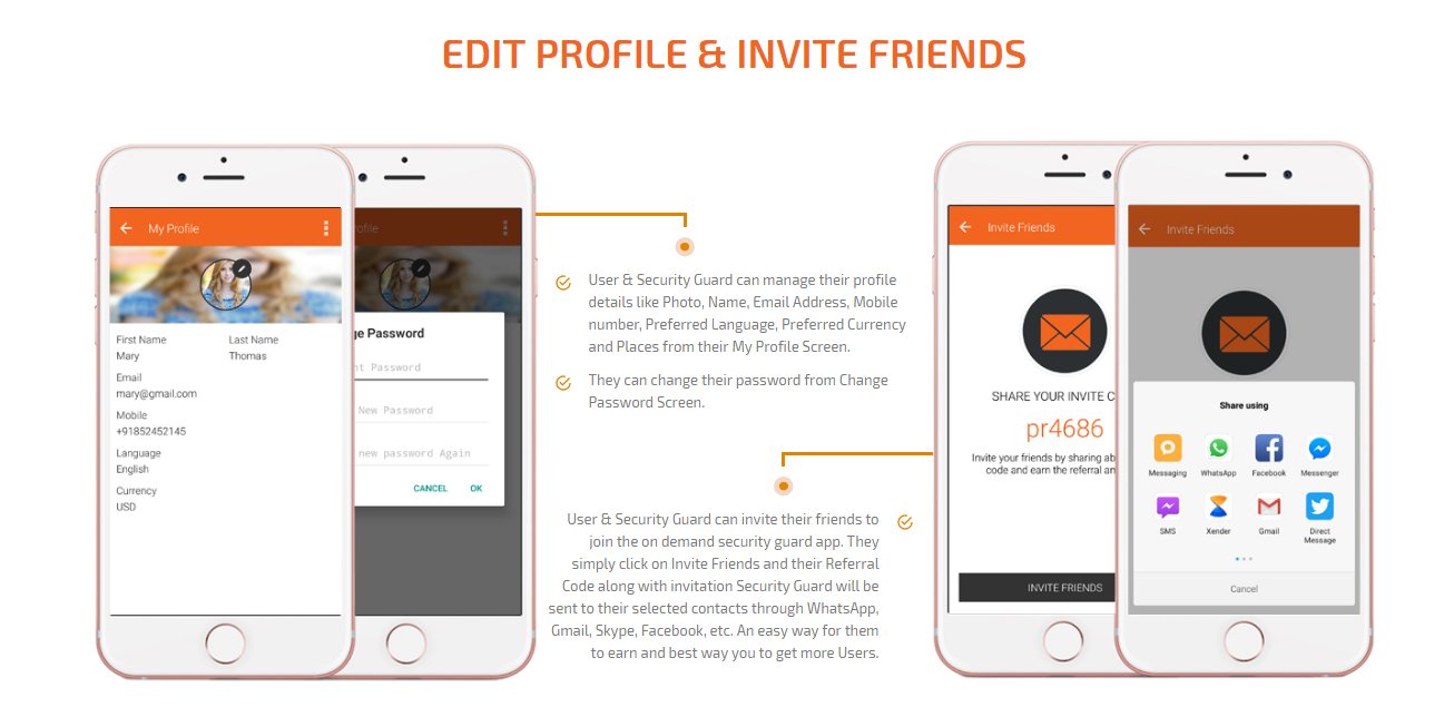 client and security-guard edit profile and invite friends to join app