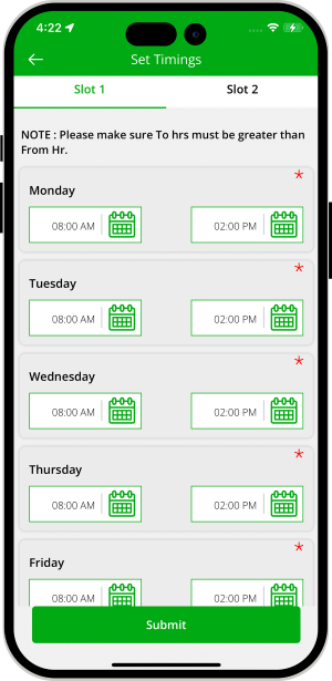 manage day wise timeslots