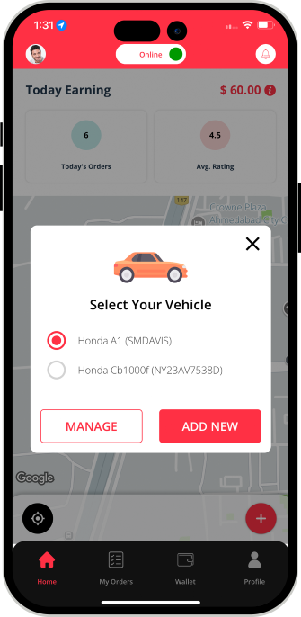 Driver able to select vehicle to deliver food