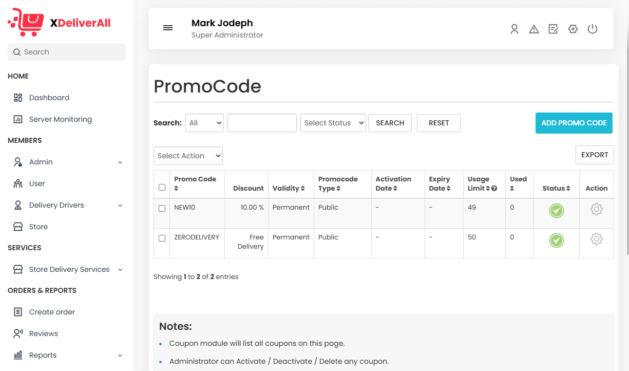 Manage Promo Code