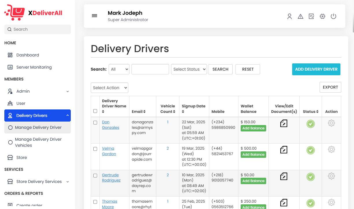 Manage Delivery Drivers