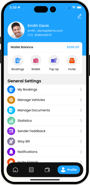 delivery driver app menu option