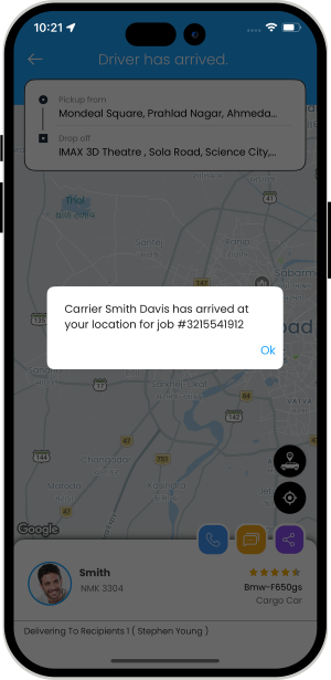 driver arrived to pickup location