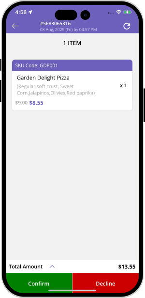 Restaurant/Store confirm or decline the order total bill amount confirm or decline
