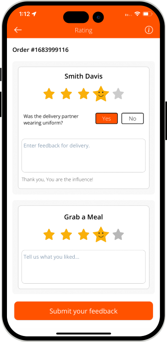 driver rate & review to customer & restaurant