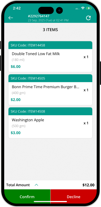 total bill amount confirm or decline