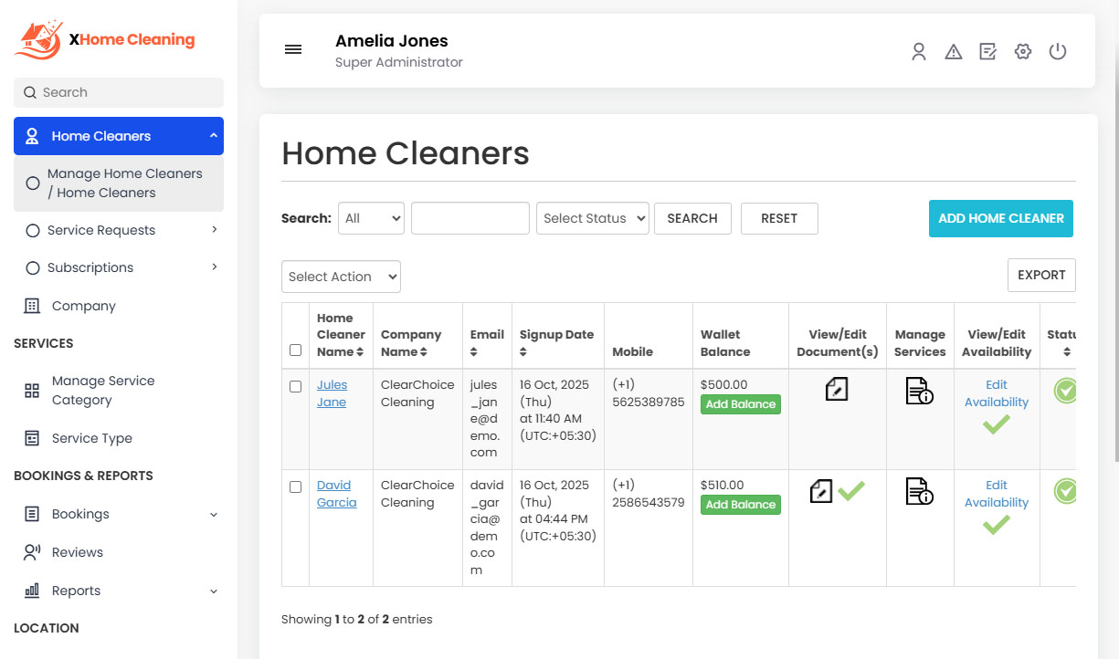 Manage Home Cleaners